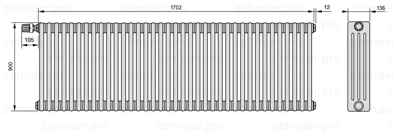 Схема (чертеж) Радиатор Zehnder Charleston 4090/37 №V012 Белый глянцевый RAL 9016